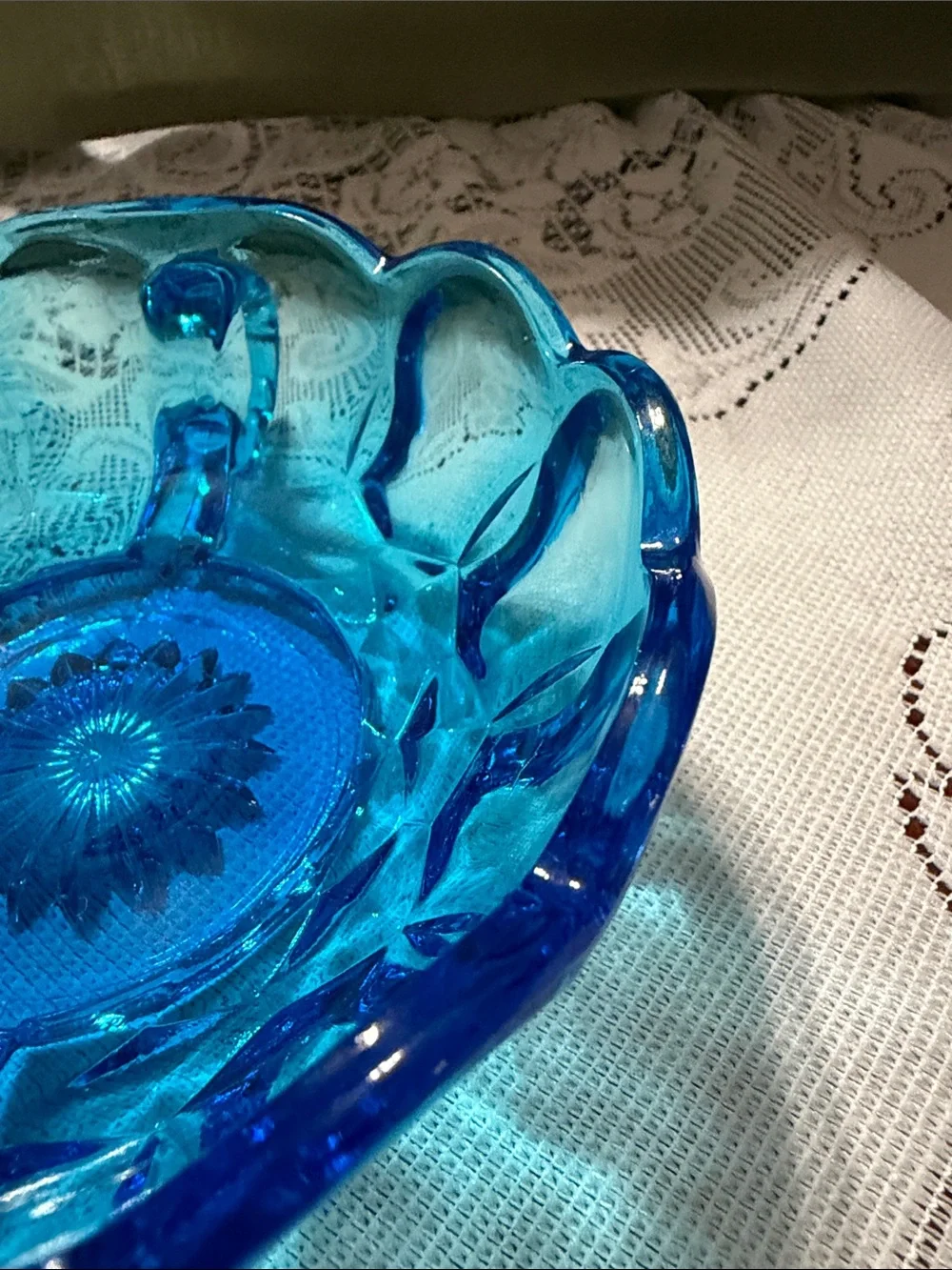 Vintage double handled Blue Glass Thumbprint pattern Candy Dish
